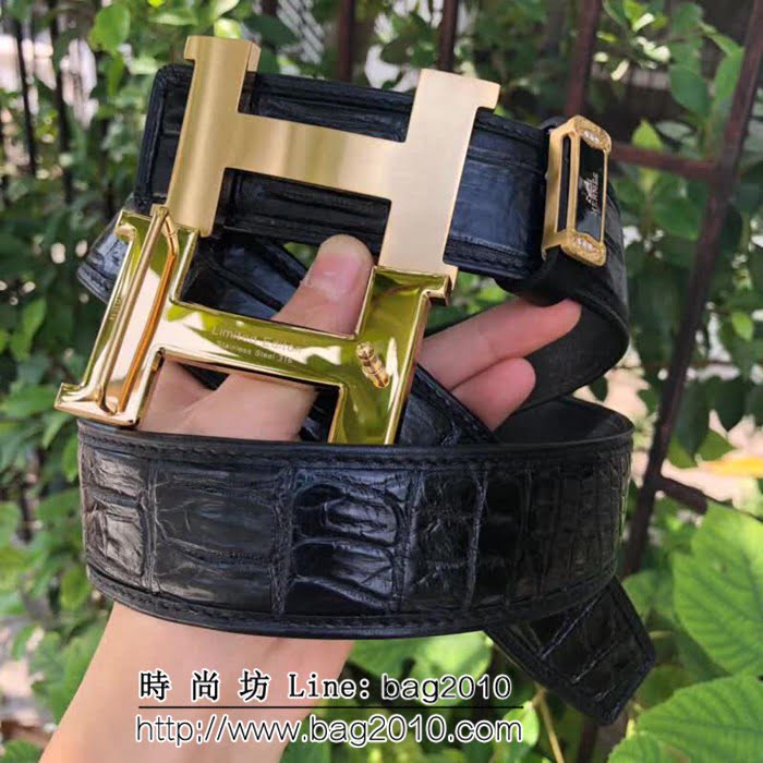 愛馬仕HERMES 純手工美洲鱷魚無拼接肚皮 專櫃原單複刻鋼扣高端男士皮帶 HHG1529